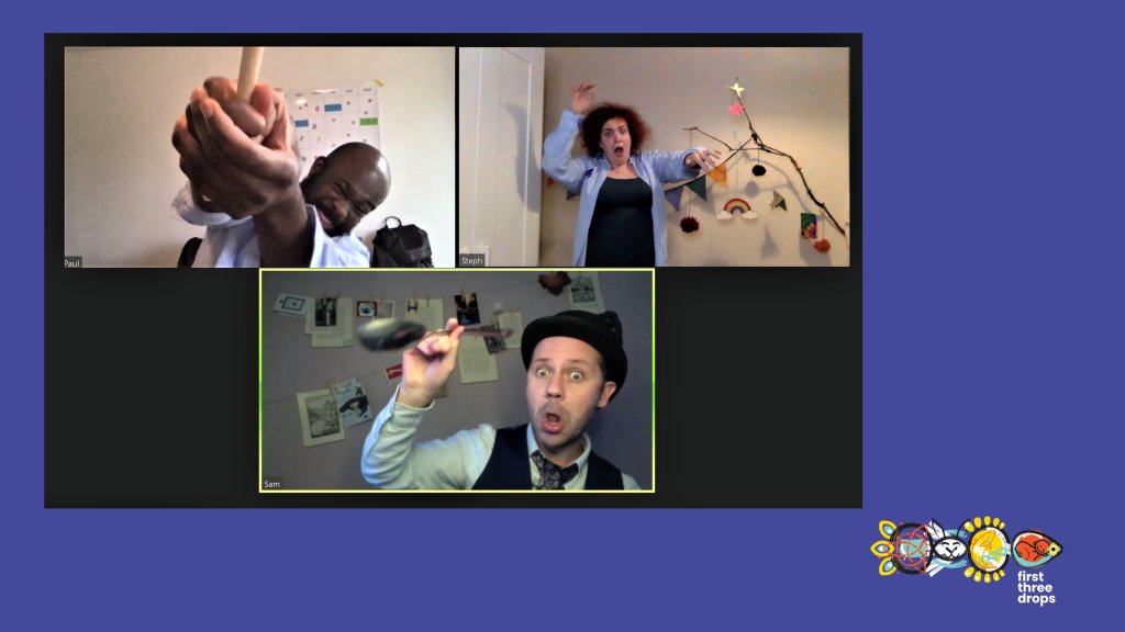 An image from the show being performed on zoom. On screen are 3 smaller screens showing the actors Paul, Steph and Sam. In the background of each actor on the wall in their homes there are strings hung up with photographs hung on them. 