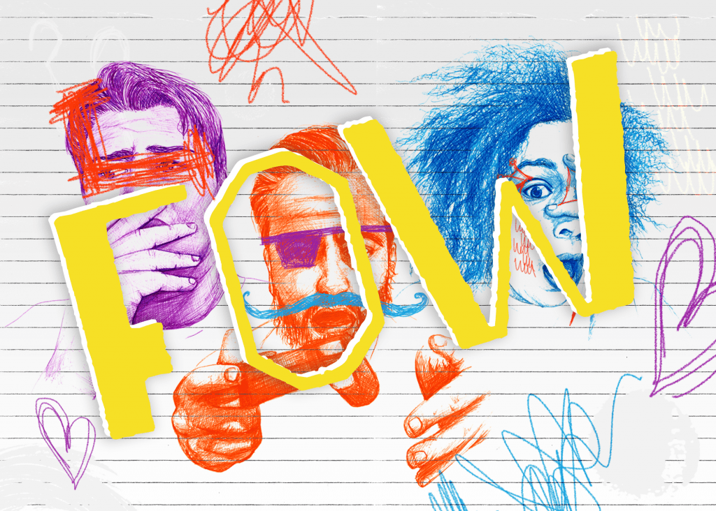 Fow promotional poster. A background with the effect of lined paper with illustrations of the 3 main characters, Siôn in purple, Josh in orange and Lissa in blue. With the word FOW in yellow writing on a diaganol over the illustrations.